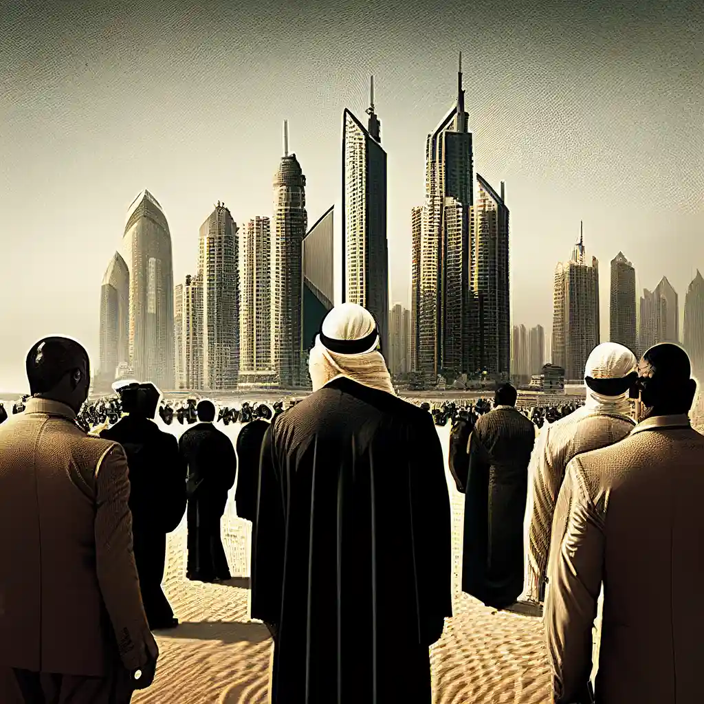 dubai skyline men standing in front